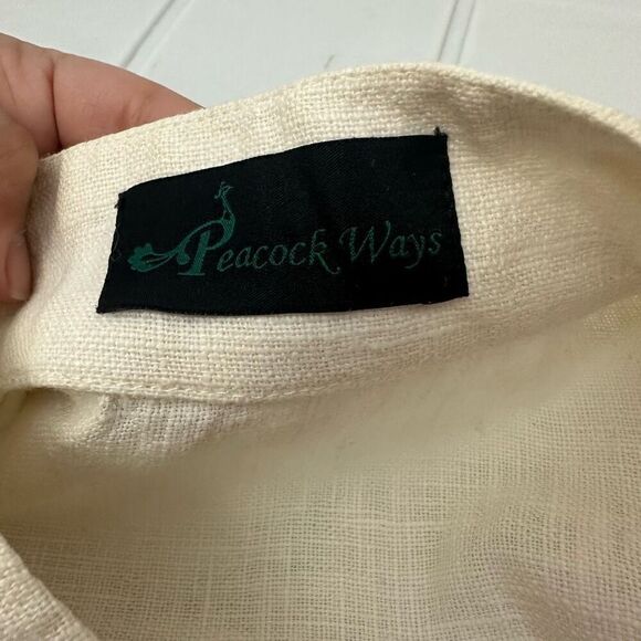Peacock Ways Cream Black Trim Linen Mandarin Collar Open Blazer Coin sz L VTG - Picture 7 of 10